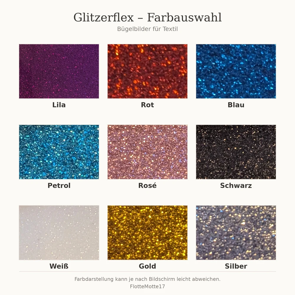 Farbübersicht der Glitzerflexfolien in Lila, Rot, Blau, Petrol, Rosé, Schwarz, Weiß, Gold und Silber
