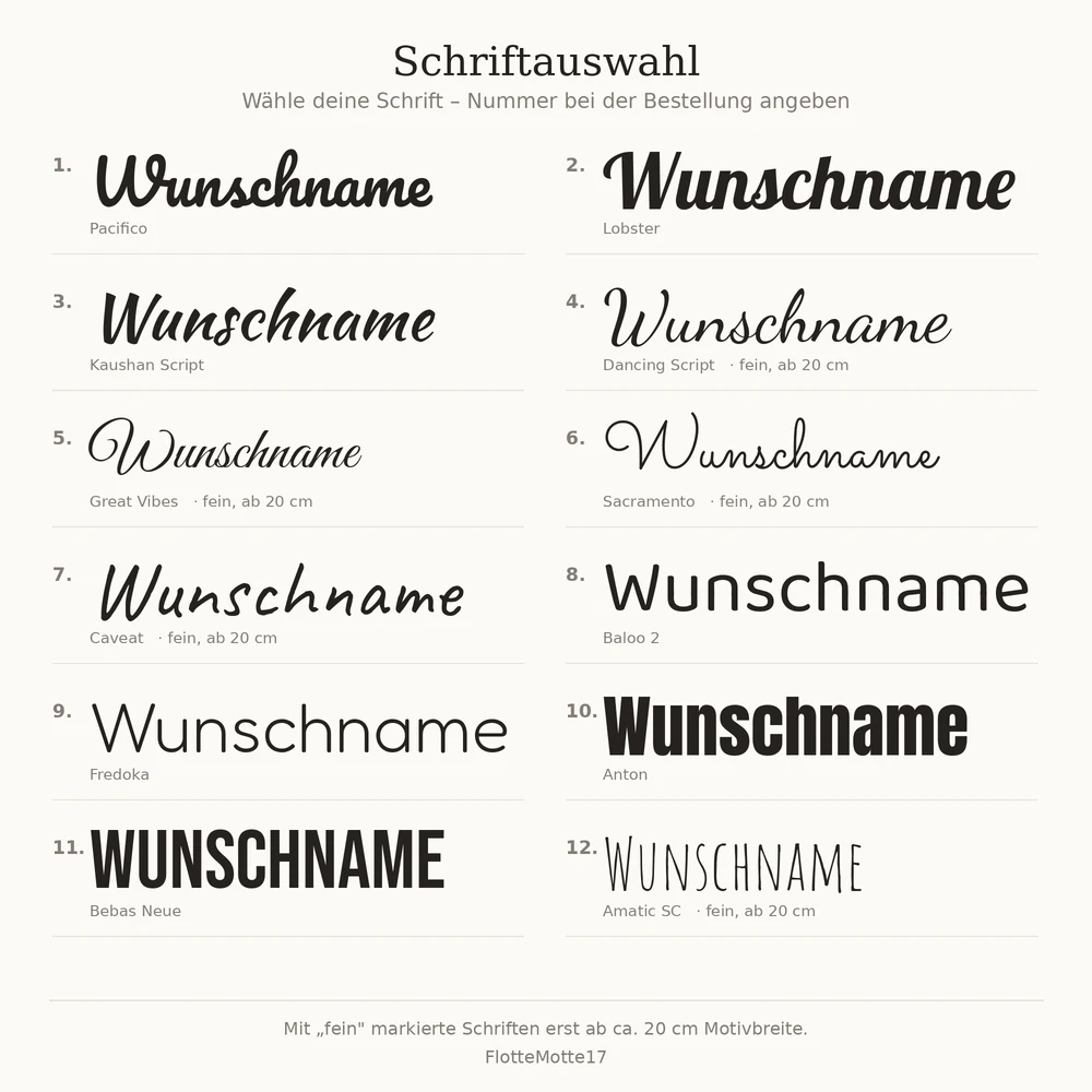 Übersicht mit zwölf Schriften zur Auswahl, jeweils mit Nummer und Beispielwort Wunschname
